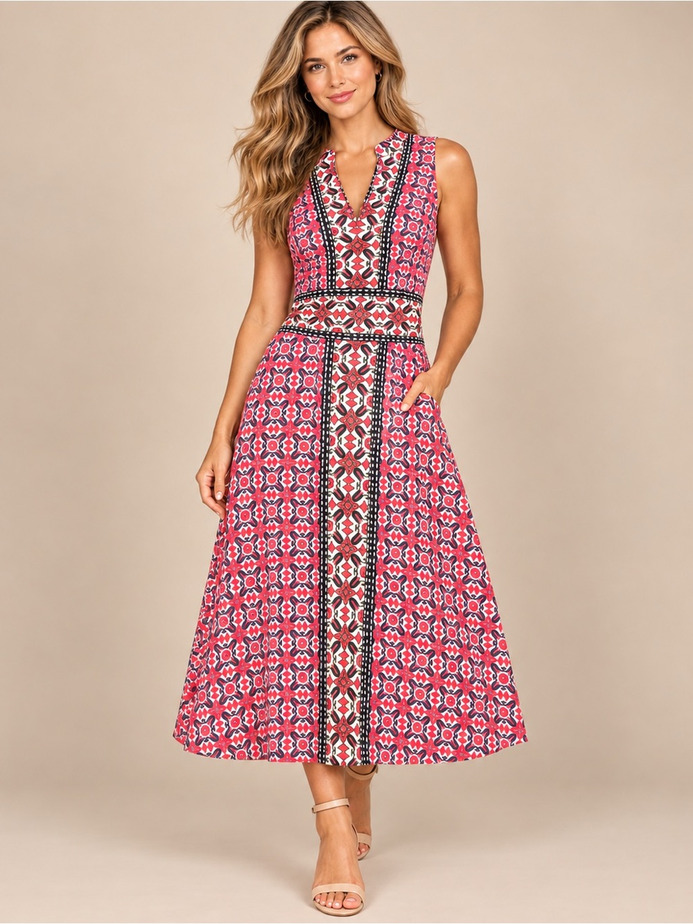 London Times Pink Patterned V‑Neck Fit-and-Flare Midi Dress